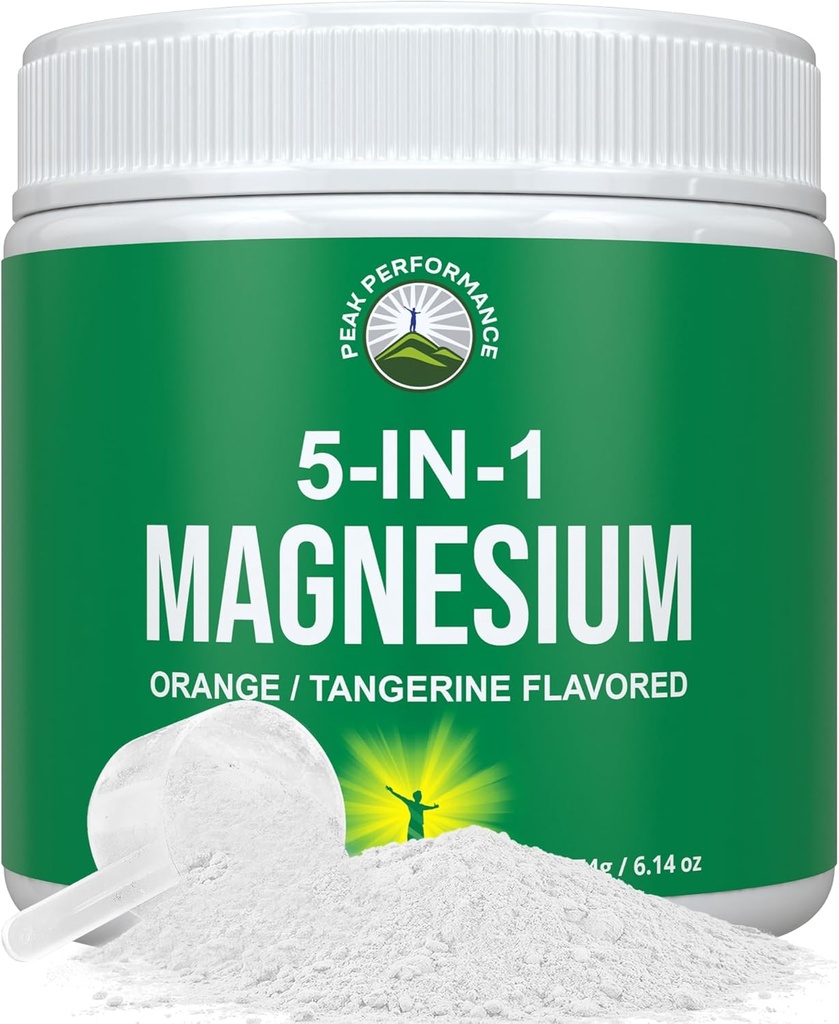 5- in-1 Magnesiumpulverdrik til kvinder og mænd. Magnesiumglycinat + citrat + malat + chelat + taurat. Great Tasting Vegan supplement til muskelafslapning, søvn, kramper. Orange Flavor