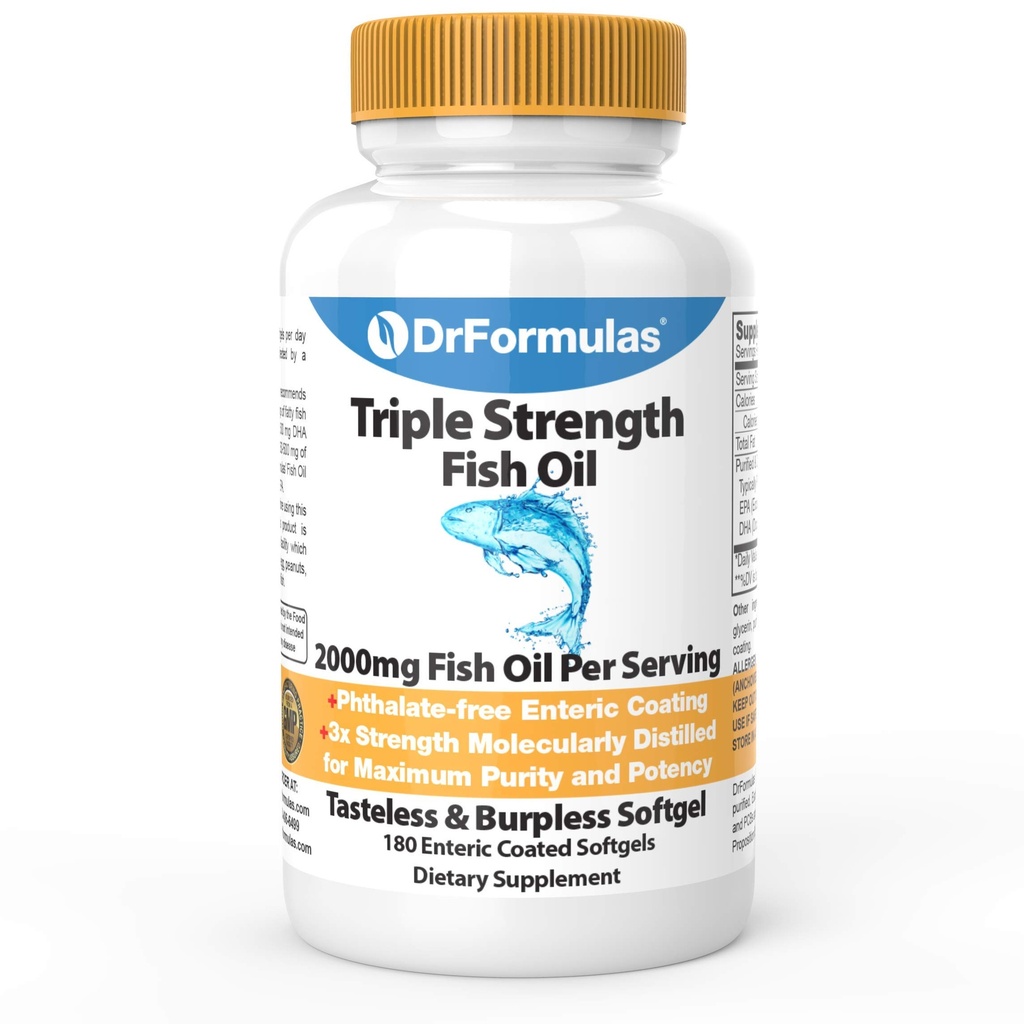 DrFormulas 2000mg Triple Strength Omega 3 Fish Oil med EPA og DHA, 180 Burpless Softgels