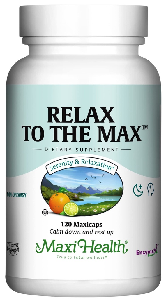 Maxi Health - Slap af til Max Stress Relief Formel (120 Greve) Mood Relief Kapsler med C-vitamin, Calcium, L-Theanine, L-Taurine & Amino Acid - Alle naturlige opkalkning og afslapning kosttilskud