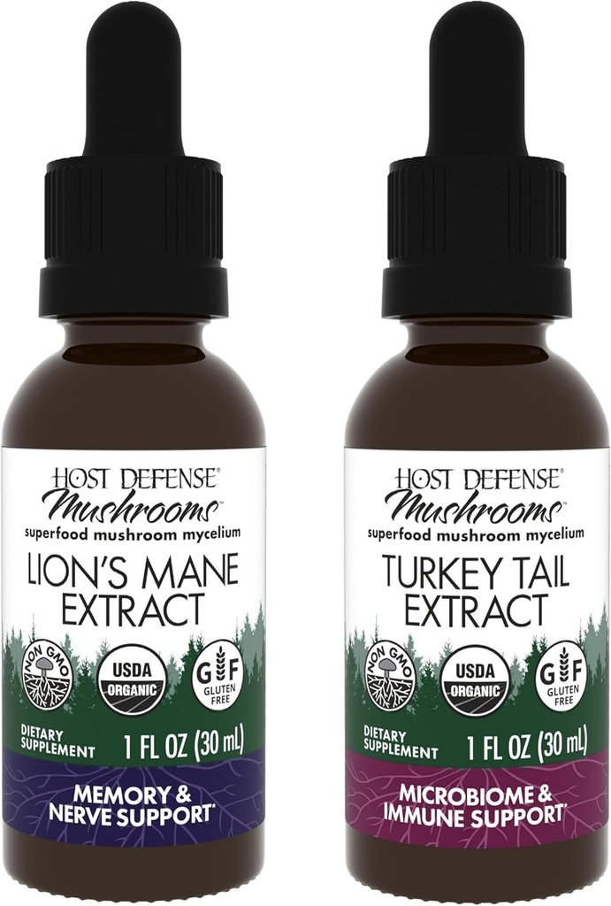 Host Defense Bundle med Lions Mane Extract, 1 fl oz & Turkey Tail Extract, 1 fl oz - Support Brain Health, Memory & Focus - Support fordøjelig sundhed & immunrespons *