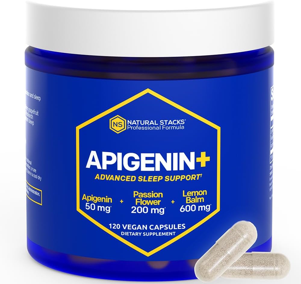 NATURLIGE STAKKER Apigenin Supplement for søvn - 50mg Apigenin & 600mg Lemon Balm - Melatonin Free Sleep Aid - med Passion Flower Extract for Stress Support * - 120 Lemon Balm Kapsler