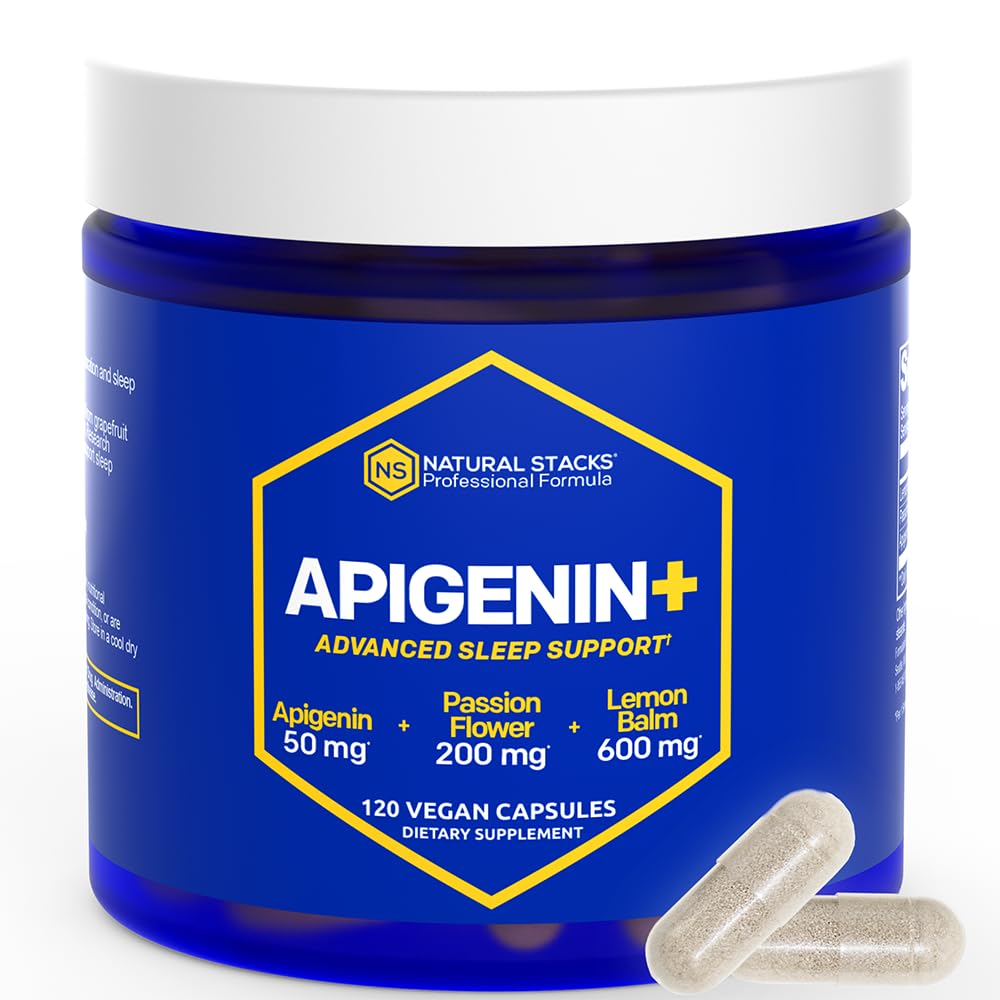 NATURLIGE STAKKER Apigenin Supplement for søvn - 50mg Apigenin & 600mg Lemon Balm - Melatonin Free Sleep Aid - med Passion Flower Extract for Stress Support * - 120 Lemon Balm Kapsler
