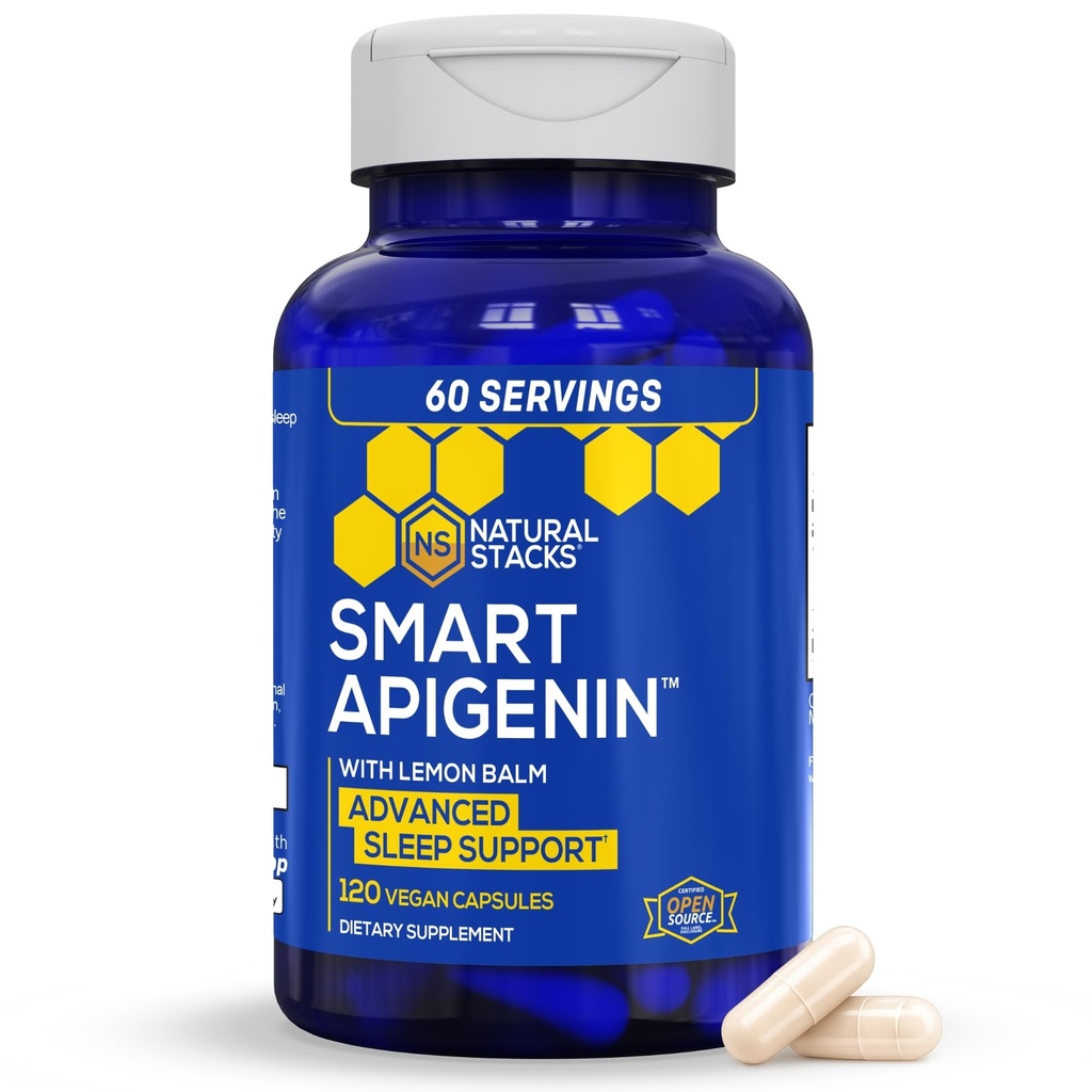 NATURLIGE STAKKER Apigenin Supplement for søvn - 50mg Apigenin & 600mg Lemon Balm - Melatonin Free Sleep Aid - med Passion Flower Extract for Stress Support * - 120 Lemon Balm Kapsler