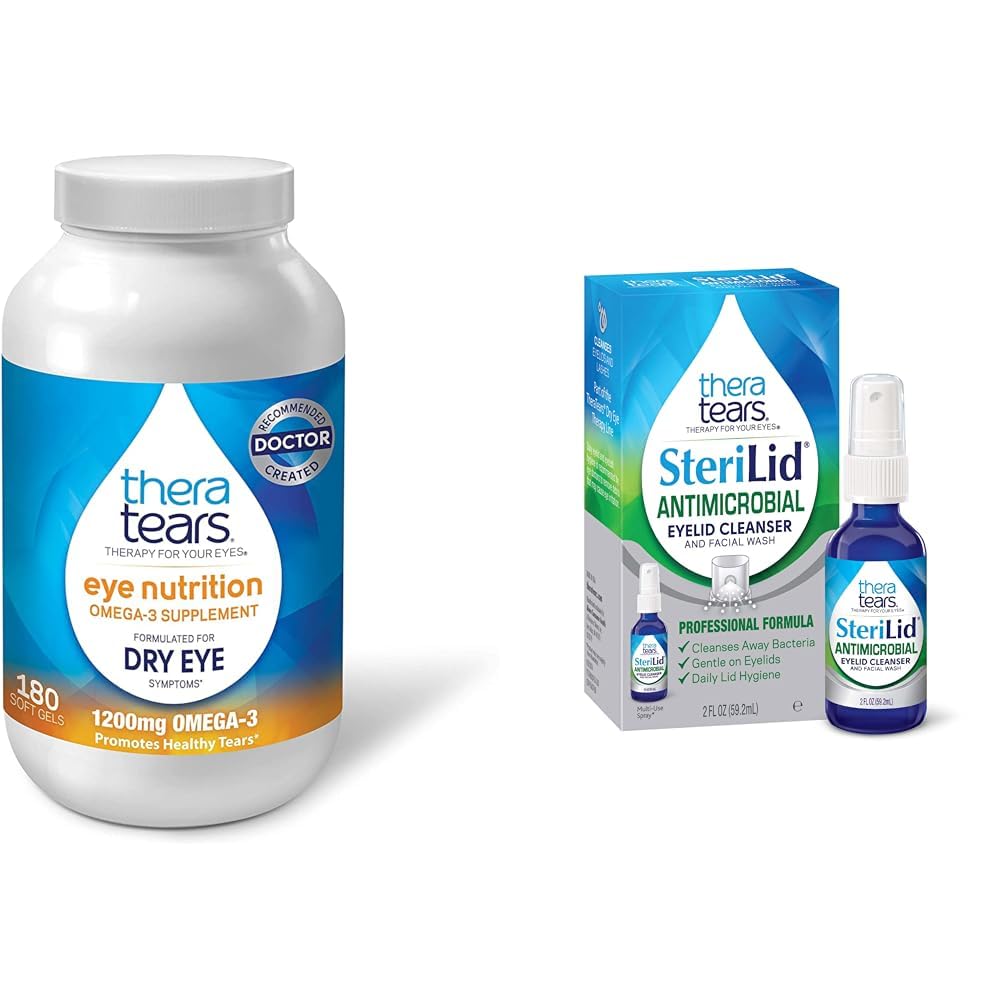 TheraTears 1200mg Omega 3 supplement til øje ernæring, Organic Flaxseed Triglycerid Fish Oil and Vitamin E, 180 Grev & SteriLid Eyelid Cleaner og Ansigtsvask, for Irriterede Øjne, 2 fl oz Spray
