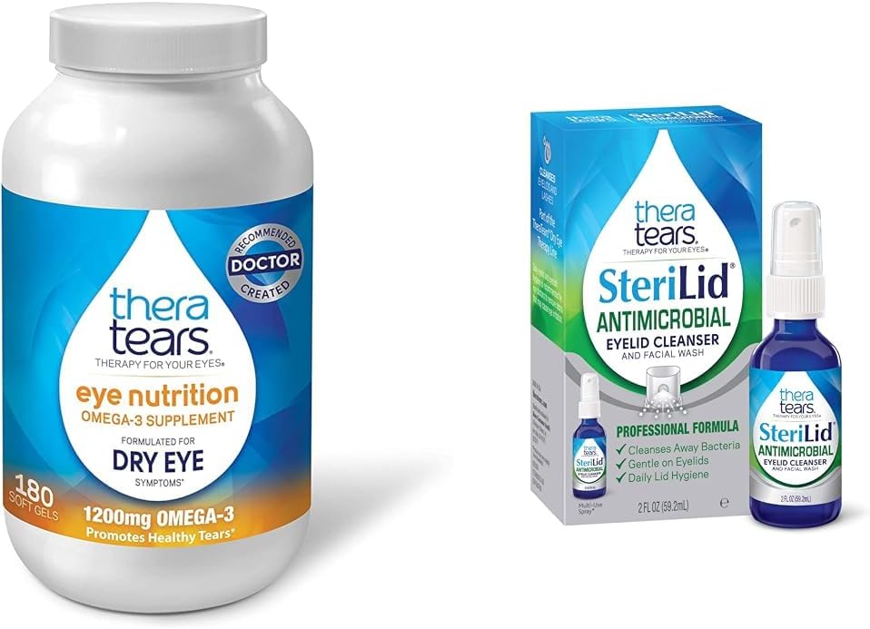 TheraTears 1200mg Omega 3 supplement til øje ernæring, Organic Flaxseed Triglycerid Fish Oil and Vitamin E, 180 Grev & SteriLid Eyelid Cleaner og Ansigtsvask, for Irriterede Øjne, 2 fl oz Spray