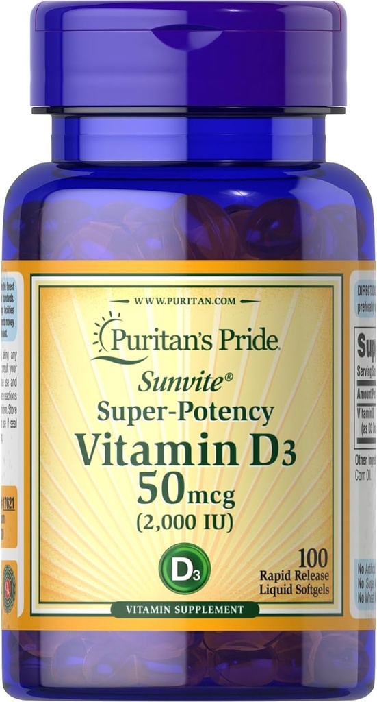 Puritans Pride Sunvite Super High Potency Vitamin D3 2000IE 100 Softgels