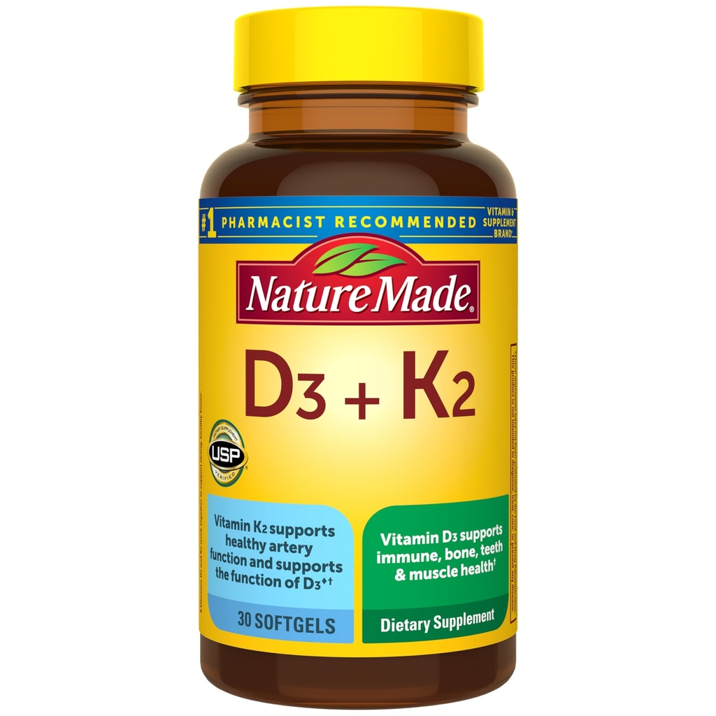 Nature Made Vitamin D3 K2 Supplement, 5000 IE (125 mcg) Vitamin D for ben, tænder, muskel - og immunstøtte, 30 D3 og K2 Softgels, 30 dages forsyning