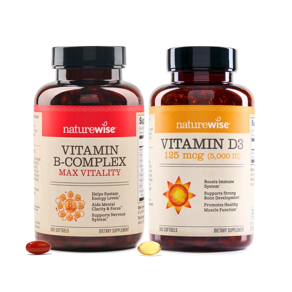 NatureWise Vitamin B Complex 360 Softgels [1- År Supply] & Vitamin D3 5000iu 360 Grev Mini Softgels [1- År Supply] Bundle
