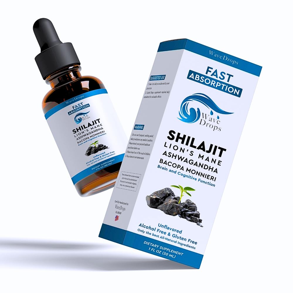 Lion 's Mane - Shilajit - Ashwagandha - Bacopa Monnieri Liquid Drops # 124; for Stress, Memory Booster, Focus # 124; Alle naturlige ingredienser 1Fl Oz (1)