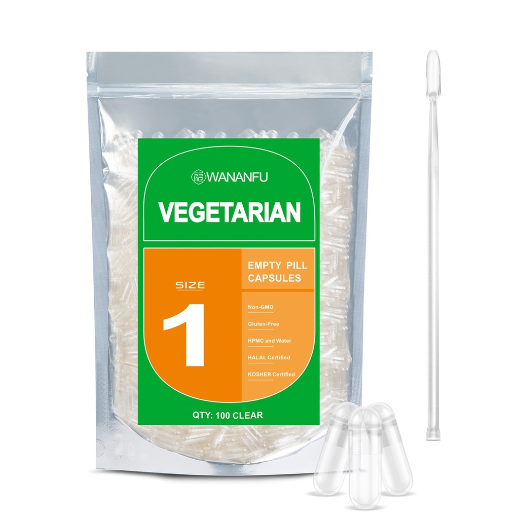 wananfu størrelse 1 Tomme kapsler Vegetarisk (100 Greve) Bundle med Micro Lab Spoon, Clear Fillable Veggie Pill kapsler Størrelse 1 til at lave dine egne kosttilskud