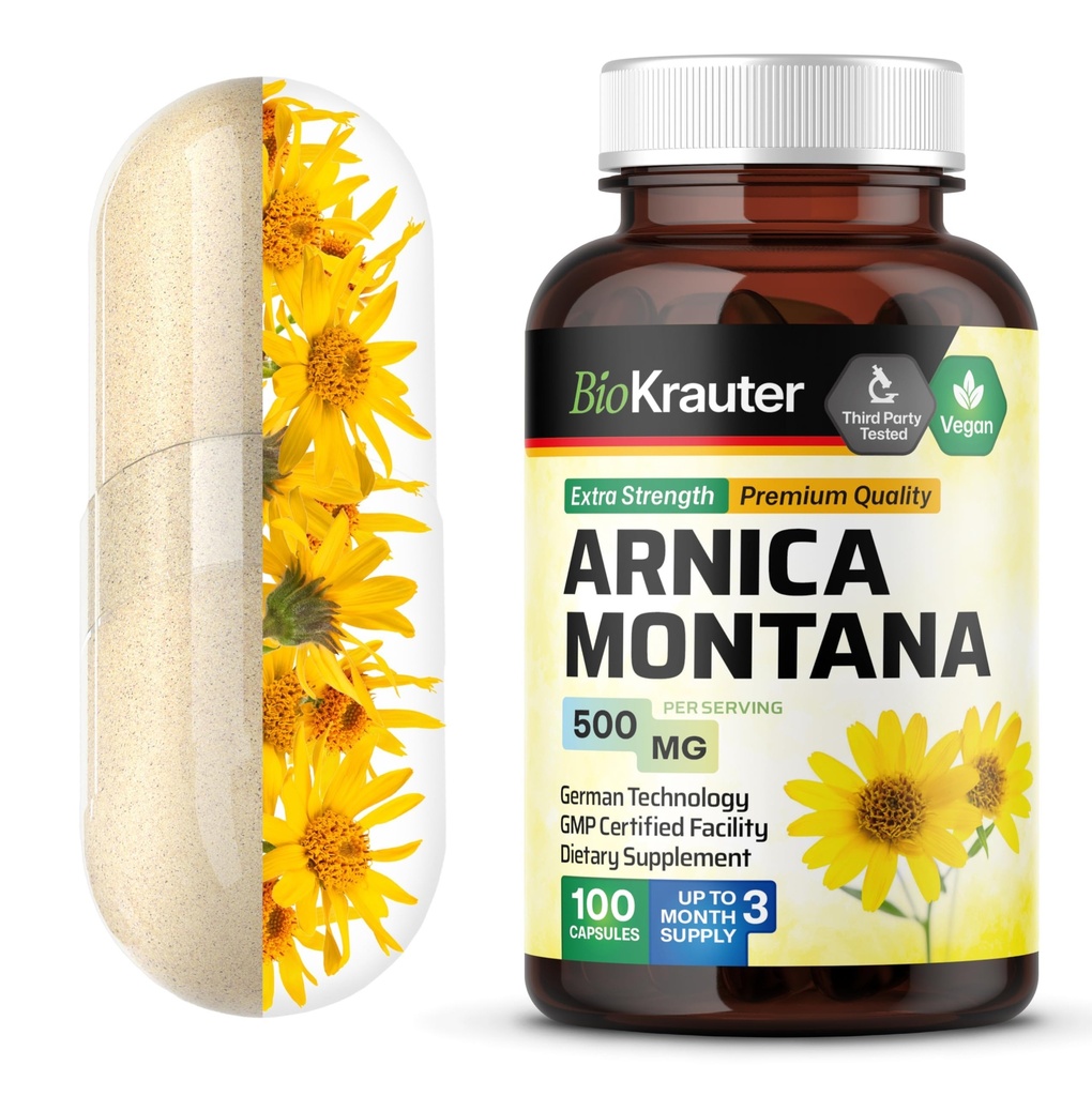 BIO KRAUTER Arnica Montana Kapsler - 500 mg Arnica Kapsler til blå mærker og hævelse - Vegan - 100 Greve