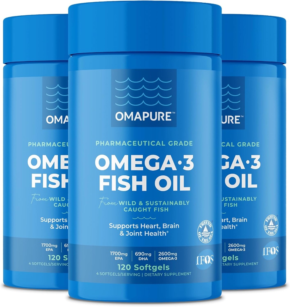 OMAPRE Fish Oil Kosttilskud med Omega 3 Fedtsyrer (3 flasker, 120 Softgel) - High EPA, DHA, & IFOS Fish Oil Pills Support Heart & fælles sundhed - Burpless Fish Oil Promotions Brain Function