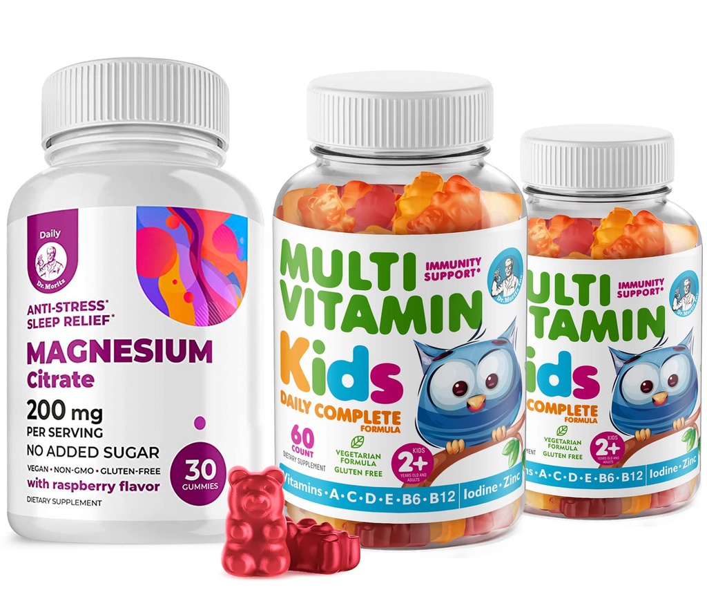 Kids Multivitamin Gummies 14 Essentielle Vitamin og Magnesium Gummies Sugar- Free - Daily Supplement Vitamin A, C, D, E Vegetar B6 & B12, Zink, Biotin med sukkerfri Magnesium Calm Tygge for børn og voksne