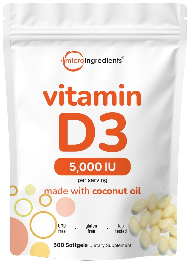 Micro Ingredients Vitamin D3 5.000 IE, 500 Softgels against 124; Virgin Kokosolie • 124; Cholecalciferol Form • 124; Knogleben, Immun & Heart Support • 124; Let at synke, Non- GMO