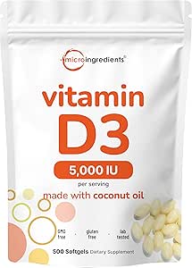 Micro Ingredients Vitamin D3 5.000 IE, 500 Softgels against 124; Virgin Kokosolie • 124; Cholecalciferol Form • 124; Knogleben, Immun & Heart Support • 124; Let at synke, Non- GMO