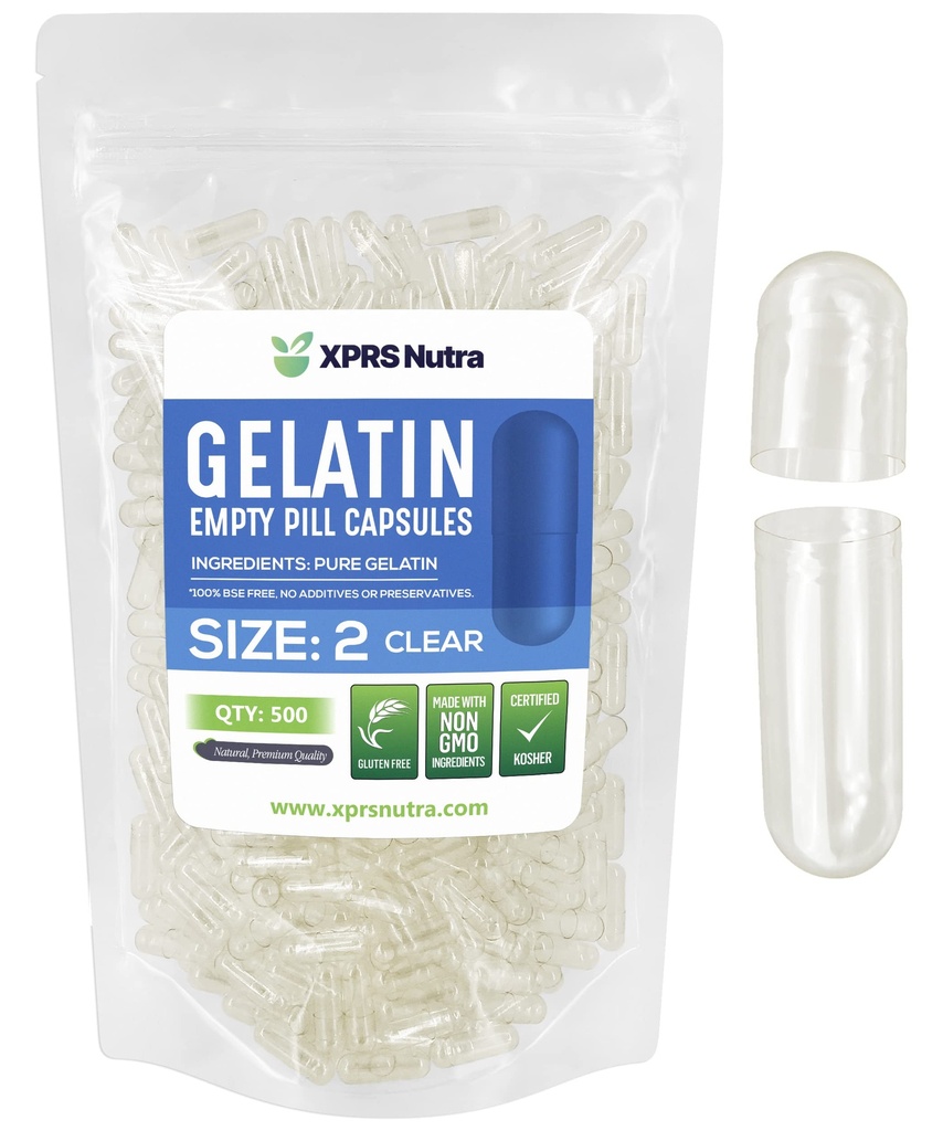 XPRS Nutra Størrelse 2 Tomme kapsler - 500 Tomme Tomme Gelatine kapsler - Piller selv Capsule Fyldning - Pure Bovin Pille Gel Caps for Do- It- Yourself Kosttilskud