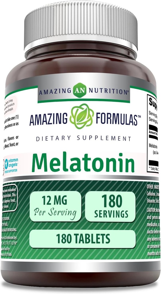 Amazing Formulas Melatonin Supplement: 124; Unflavored • 124; 12 Mg Per Serving • 124; 180 tabletter • 124; Non- GMO • 124; Gluten- Free • 124; Fremstillet i USA