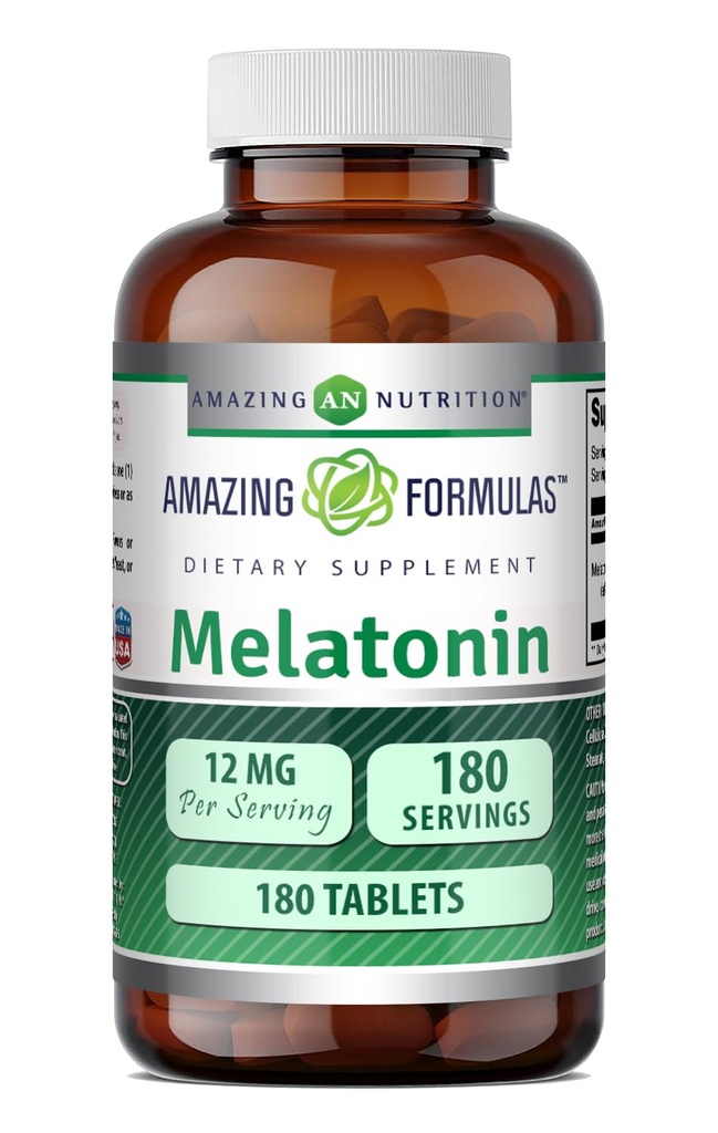 Amazing Formulas Melatonin Supplement: 124; Unflavored • 124; 12 Mg Per Serving • 124; 180 tabletter • 124; Non- GMO • 124; Gluten- Free • 124; Fremstillet i USA