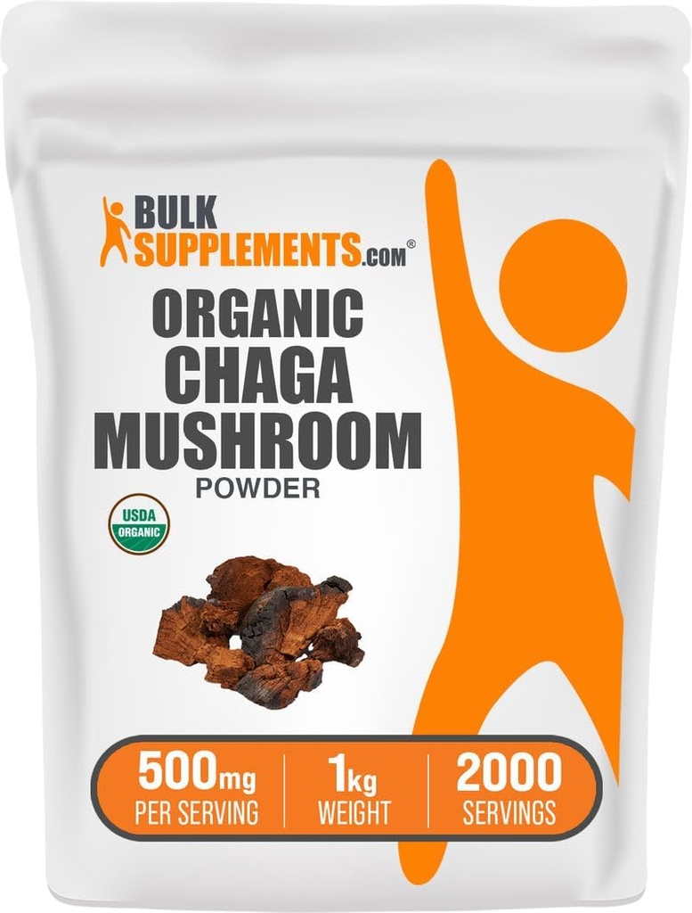 BulkSupplements.com Organic Chaga Mushrooms Powder - Chaga Mushroom Supplement, Superfood Supplement - Vegan & Gluten Free, 500mg per servering, 1kg (2,2 lbs) (Pack of 1)