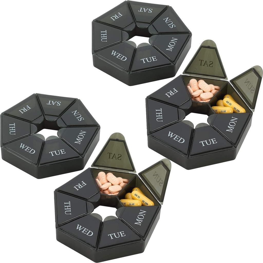 Ugentlig Pill Organizer - (Pack of 4) 7-Day Pill Container - Gigt Friendly Portable & Compact Rejse sag Daily Segment Medicine Pills Box for kosttilskud, medicin, vitaminer og fiskeolier