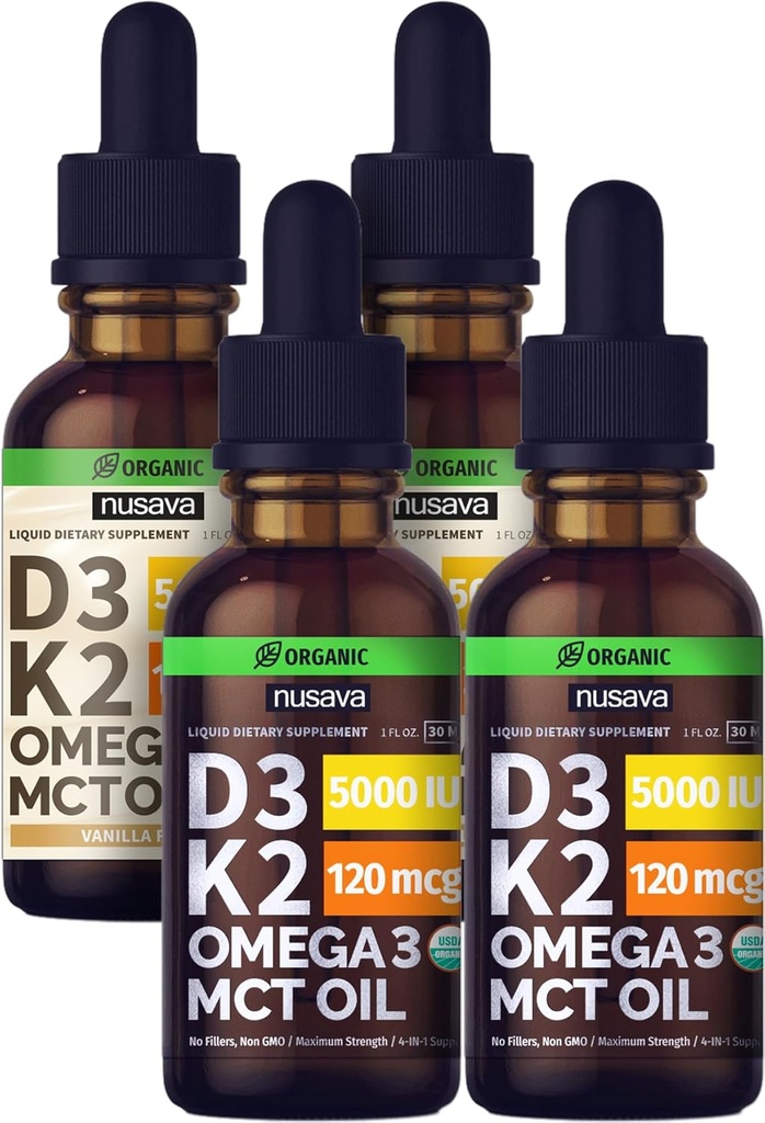 NUSAVA Unflavored D3 K2 Liquid Drops og Vanilla Flavored D3 K2 Liquid Drops Bundle - Potent Liquid Vitaminer til hjerte, fælles, ben, muskel, & immunforsvar - Non-GMO, Gluten- Free, 2pk Hver