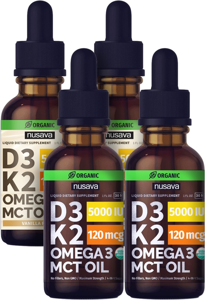 NUSAVA Unflavored D3 K2 Liquid Drops og Vanilla Flavored D3 K2 Liquid Drops Bundle - Potent Liquid Vitaminer til hjerte, fælles, ben, muskel, & immunforsvar - Non-GMO, Gluten- Free, 2pk Hver
