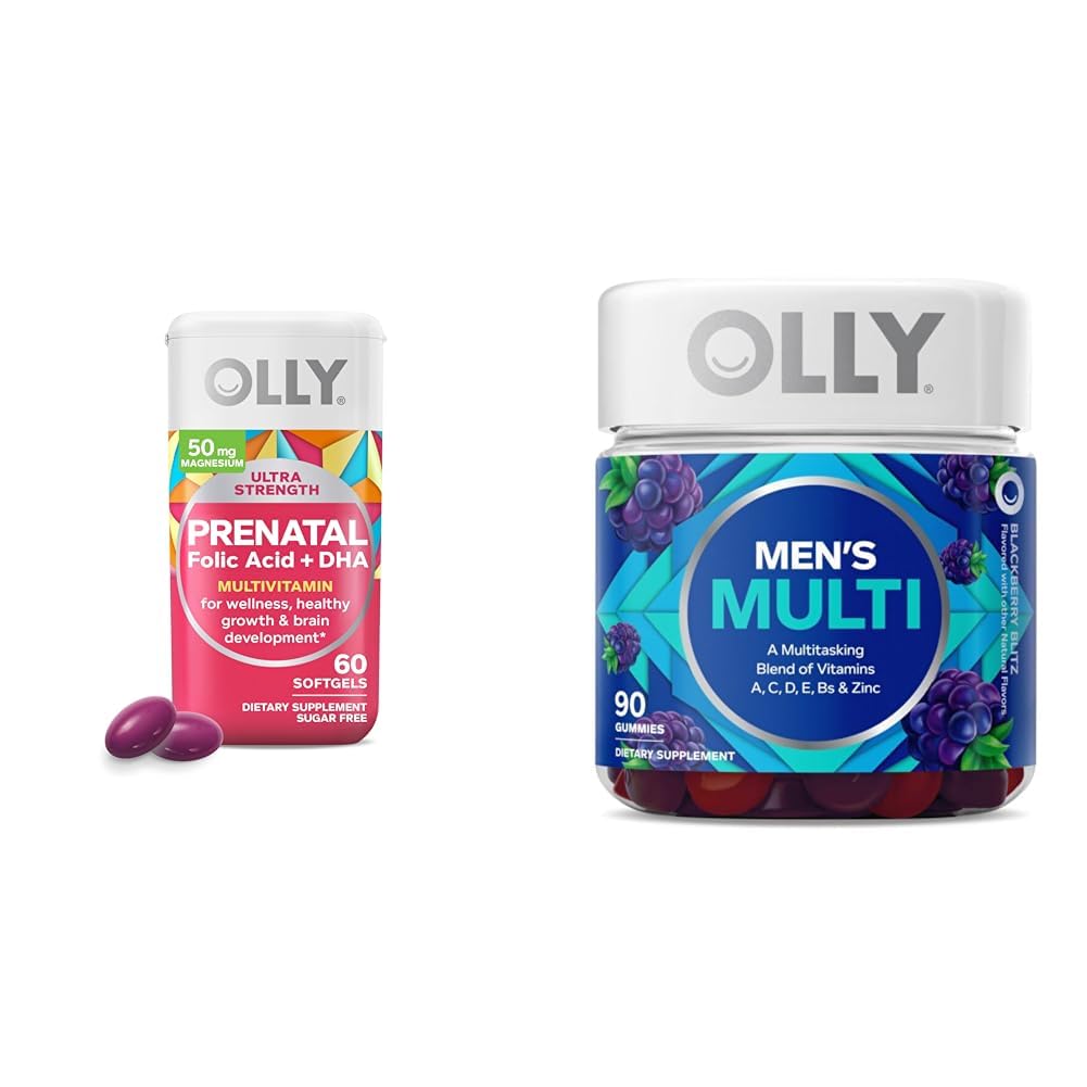 OLLY Prenatal Multivitamin Softgels and Mænds Multivitamin Gummy Vitaminer Bundle, 60 og 90 Greve