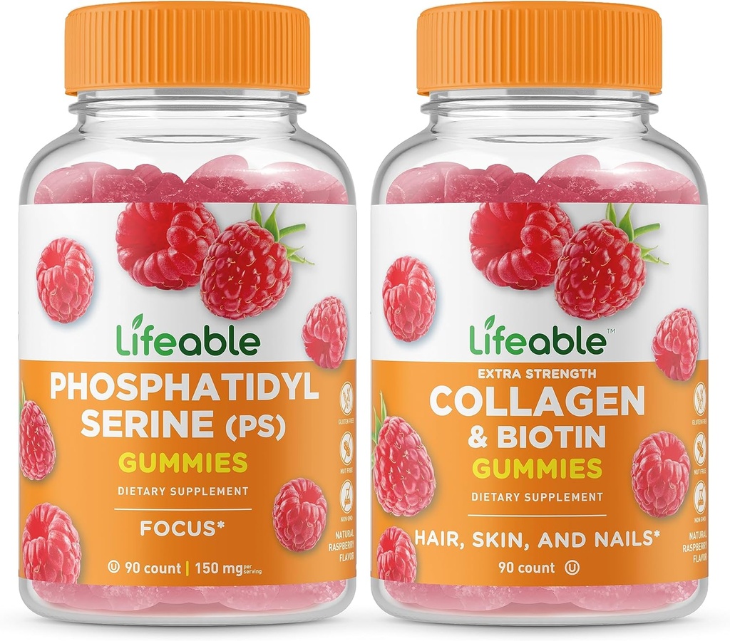 Lifeable Phosphatidylserin (PS) + Collagen & Biotin, Gummies Bundle - Great Tasting, Vitamin Supplement, Gluten Free, GMO fri, Chewable Gummy