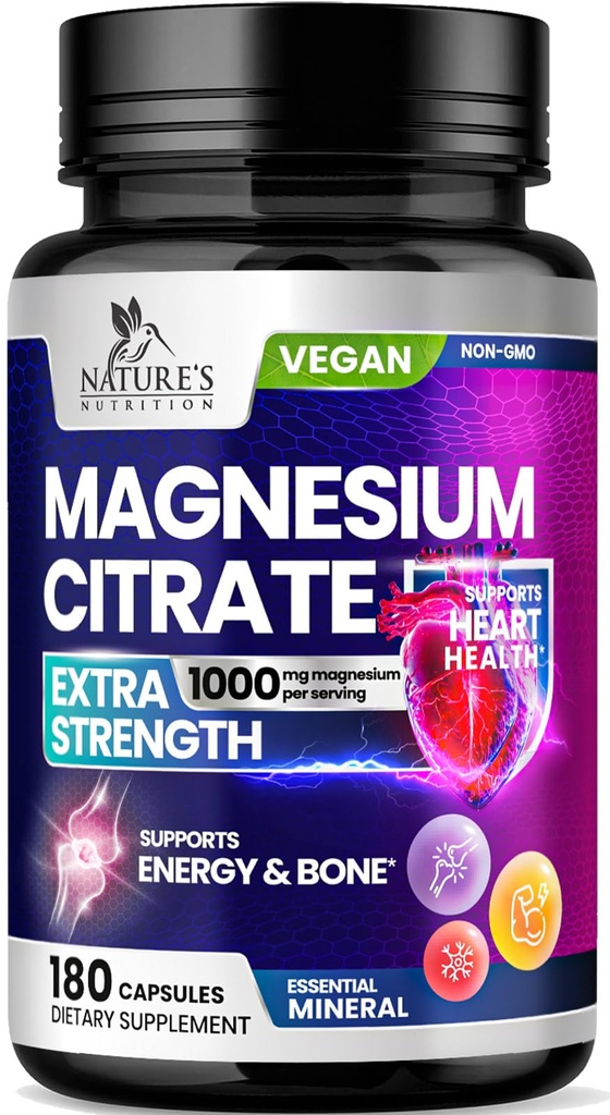 Magnesium Citrate Supplement piller 1000mg - 3X Styrke Magnesium Kosttilskud til ben, muskel, hjerte, naturens søvn støtte til mænd og kvinder, Vegan Mag Mineral, non-GMO, flaske i USA, 180 kapsler