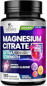 Magnesium Citrate Supplement piller 1000mg - 3X Styrke Magnesium Kosttilskud til ben, muskel, hjerte, naturens søvn støtte til mænd og kvinder, Vegan Mag Mineral, non-GMO, flaske i USA, 180 kapsler