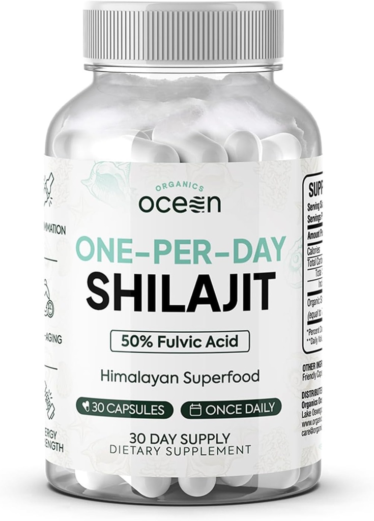 Organics Ocean One- Per- Day Shilajit for mænd og kvinder - Natural Shilajit supplement til Age- Defying, Knoglestyrke, Hormon Support og mere - 30 Shilajit kapsler