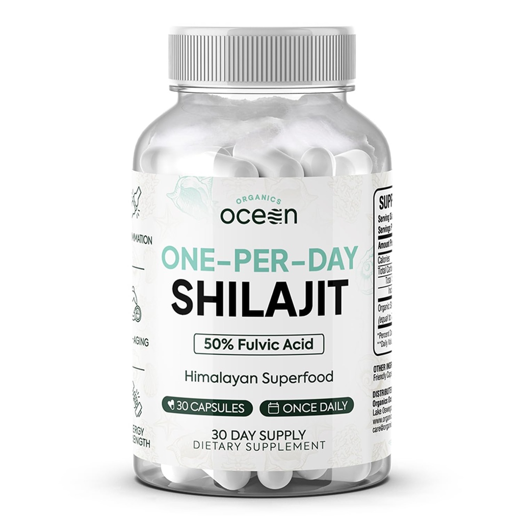 Organics Ocean One- Per- Day Shilajit for mænd og kvinder - Natural Shilajit supplement til Age- Defying, Knoglestyrke, Hormon Support og mere - 30 Shilajit kapsler