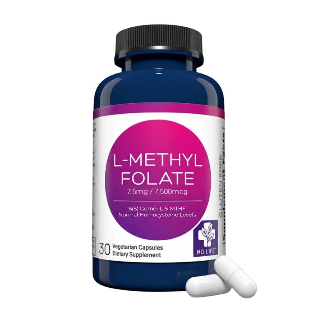 MD Life L- methylfolat 7, 5 mg tillæg - Professionel - Grade Aktiv L methylfolat supplement - 30 kapsler - L- methylfolat 7, 5 mg - Maksimal potens MTHFR W / essentielle aminosyrer