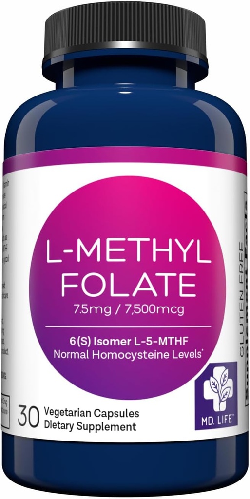 MD Life L- methylfolat 7, 5 mg tillæg - Professionel - Grade Aktiv L methylfolat supplement - 30 kapsler - L- methylfolat 7, 5 mg - Maksimal potens MTHFR W / essentielle aminosyrer