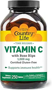 Country Life Time Release C-vitamin med Rose Hips, understøtter immunforsvar, 1000 mg, 250 tabletter, Certificeret Gluten Free, Certificeret Vegan