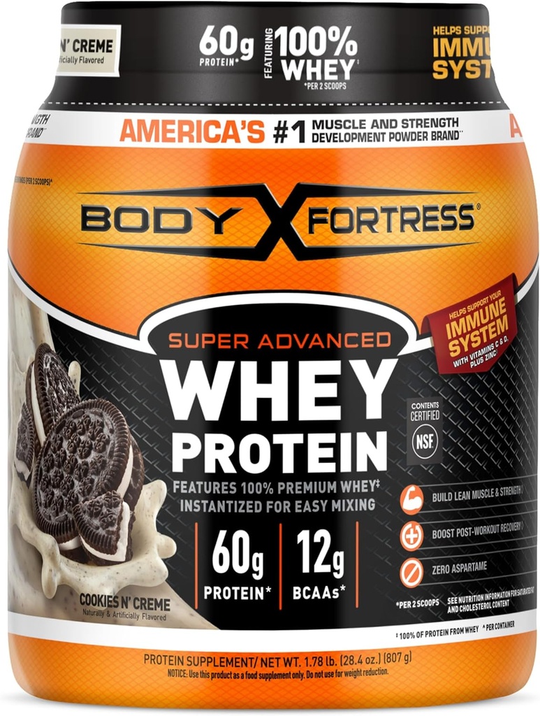 Body Fortress Super Advanced Whey Protein Powder, Cookies N 'Creme, 60g Protein & 12g BCAAs Per 2 Scoops, Muscle Gain & Recovery, immunforsvar med vitaminer C & D, 1.78lbs (Packaging May Vary)