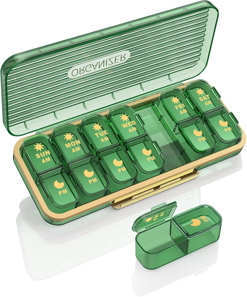 Pill Organizer 2 gange om dagen, 7 dag Am Pm Pill Box - Acedada Ugentlig Pill Organizer med separat Container, Bærbar Daglig Medicin Planner Dispenser sag for Vitamin, Fiskeolier, Kosttilskud, Grøn