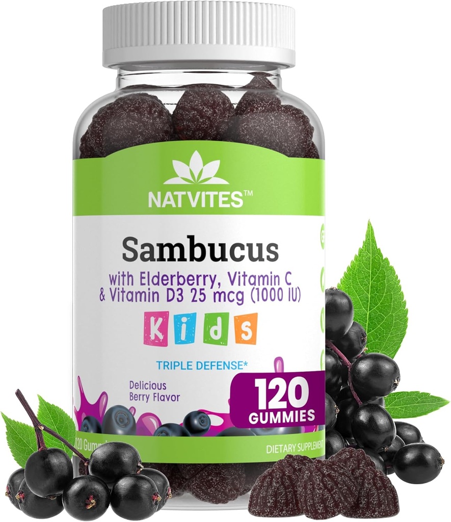 Black Sambucus Elderberry Gummies for Kids - immunsupporttillæg med vitamin C og vitamin D3 til Immunitet Boost - Vegetar, non-GMO, Gluten Free, Nut and Dairy Free - 120 Gummies (pakke med 1)