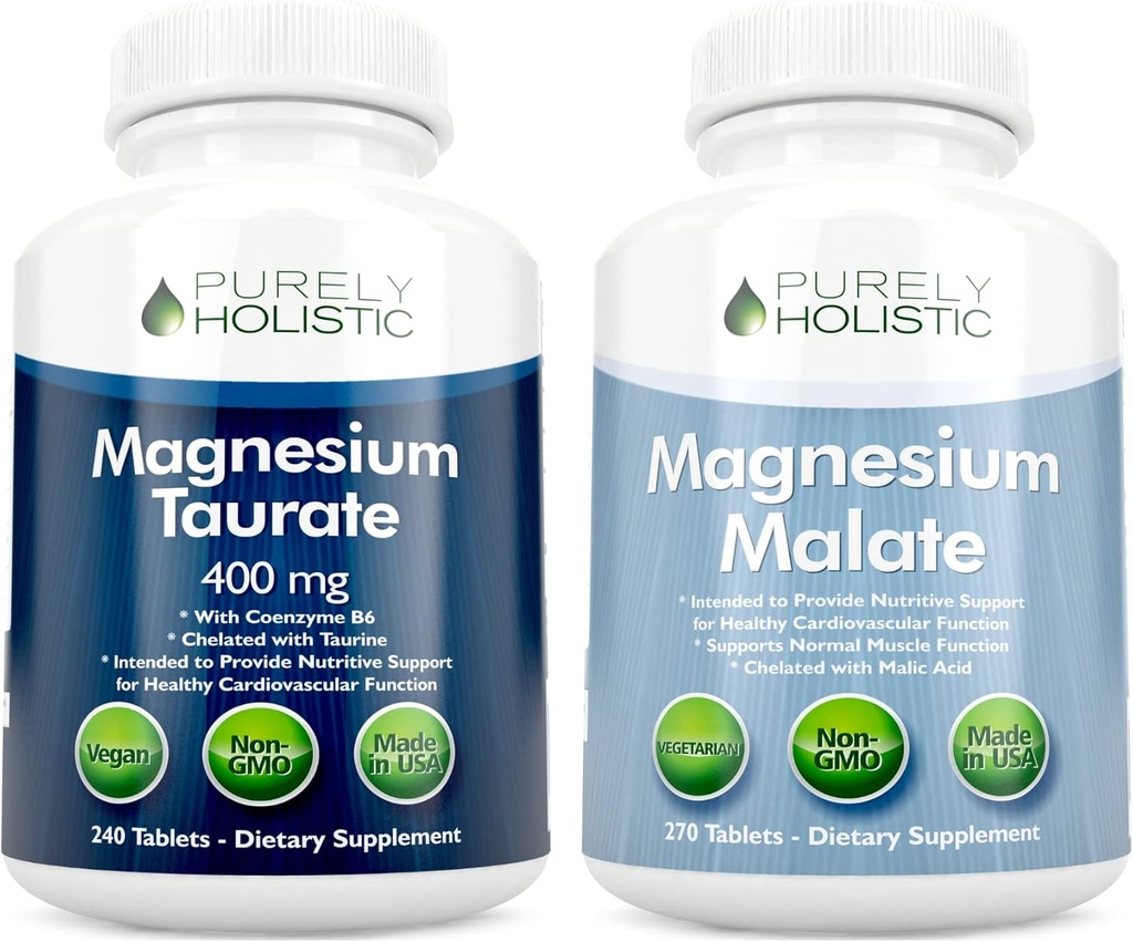 Magnesium Taurat 400mg + Magnesium Malat 400mg - Højt biotilgængeligt - Høj Absorption Bundle - 270 + 270 Vegetariske tabletter