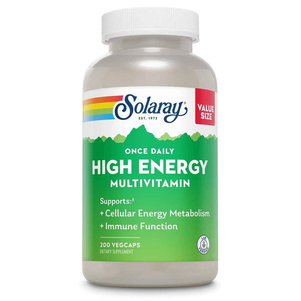 SOLARAY Én gang Daglig High Energy Multivitamin for kvinder og mænd - Energitilskud - Immunstøtte w / C-vitamin, A, D og E, B-vitamin Complex, Trace Minerals, 60- Day Garanti, 200 Serv, 200 VegCaps