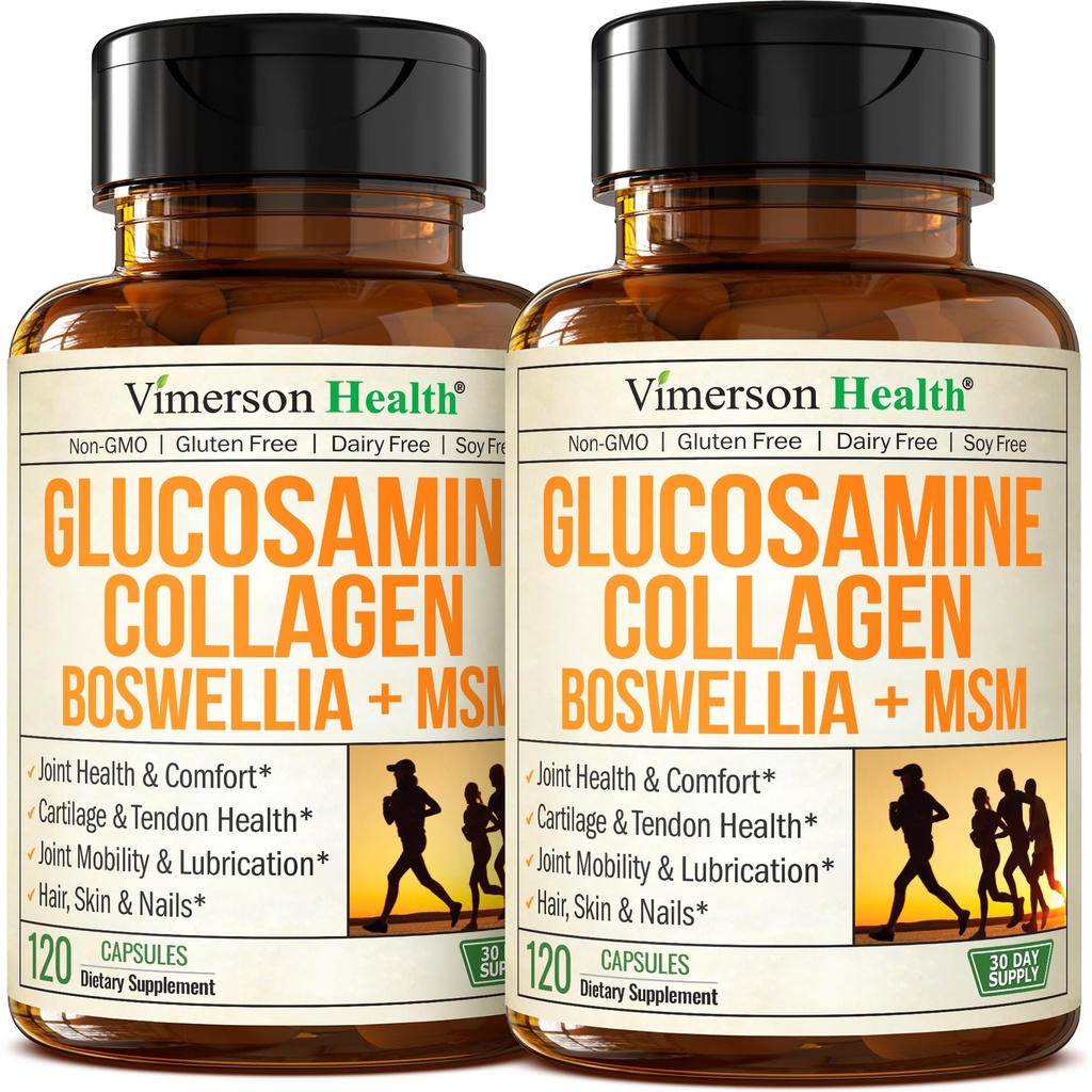 Glucosamin Chondroitin MSM med hydrolyseret collagen peptider - Fælles Support Supplement med Quercetin, Bromelain & Boswellia Extract - Collagen piller til hår hud negle - FSA berettiget 2 Pack