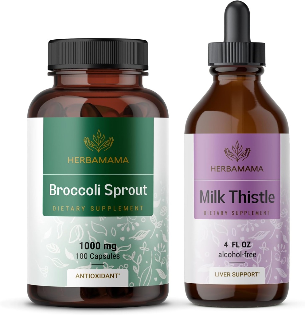 HERBAMAMA Broccoli Sprut og Milk Thistle Kit - Bundle of 1000 mg Broccoli Sprut Kapsler & Milk Thistle Extract 4 fl oz - Vegan, Non- GMO, Sugar & Alcohol- Free - 2 Pack