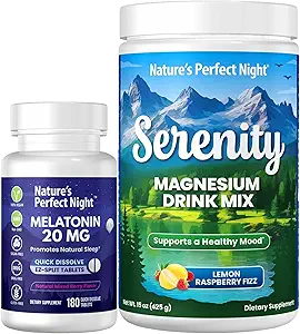 Naturens perfekte nat Melatonin 20mg hurtig opløsning blandet berry 180 greve med berømmelse Magnesium pulver 15 oz Lemon Hindbær