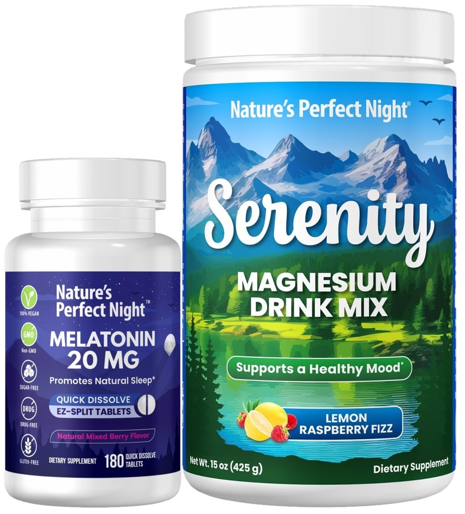 Naturens perfekte nat Melatonin 20mg hurtig opløsning blandet berry 180 greve med berømmelse Magnesium pulver 15 oz Lemon Hindbær