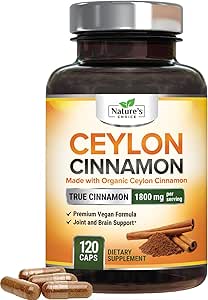 Ceylon Cinnamon Capsules 1800mg - Certificeret økologisk kanel, Flasket i USA, og Pure Extra Strength Ceylon Cinnamon Supplement, Antioxidant Pills, Non-GMO & Gluten Free, Sugar Free - 120 Kapsler