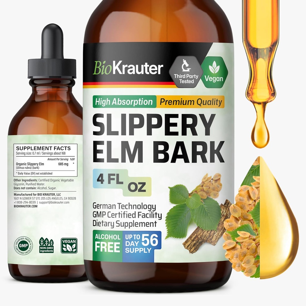 BIO KRAUTER Slippery Elm Bark Tinktur - Pure Slippery Elm for kvinder & mænd - 4 Fl.Oz. 56 Dage for levering - Hals & Voice Support - Vegansk flydende dråber til lunger - Luftveje og fordøjelsessygdomme
