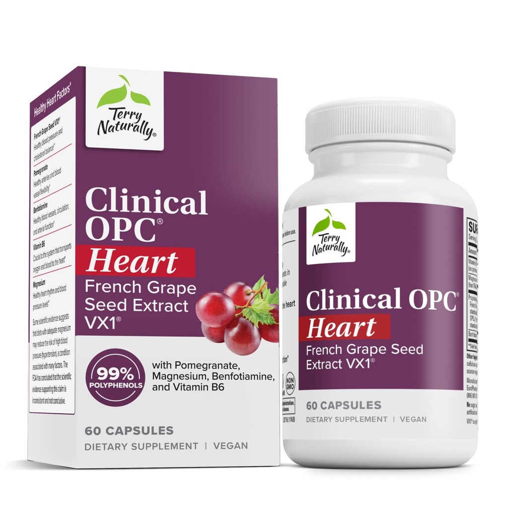 Terry naturligt Klinisk OPC Heart - Heart Health Supplement med Magnesium, vitamin B6, Grape Seed Extract - Kosttilskud til Artery Health & Circulation - 60 kapsler