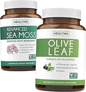 Sea Moss & Olive Leaf Extract (1-Måned Supply) Olive Moss Blend - Økologisk Irish Sea Moss - Raw Vegan Supplement (60 Caps) & Olive Leaf Extract Super Strength: 20% Oleuropein - Vegetar (120 Caps)