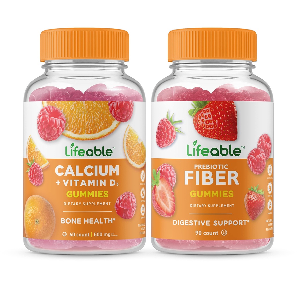 Lifeable Calcium med D-vitamin + Prebiotic Fiber 5g, Gummies Bundle - Great Tasting, Vitamin Supplement, Gluten fri, GMO fri, tyggetabletter