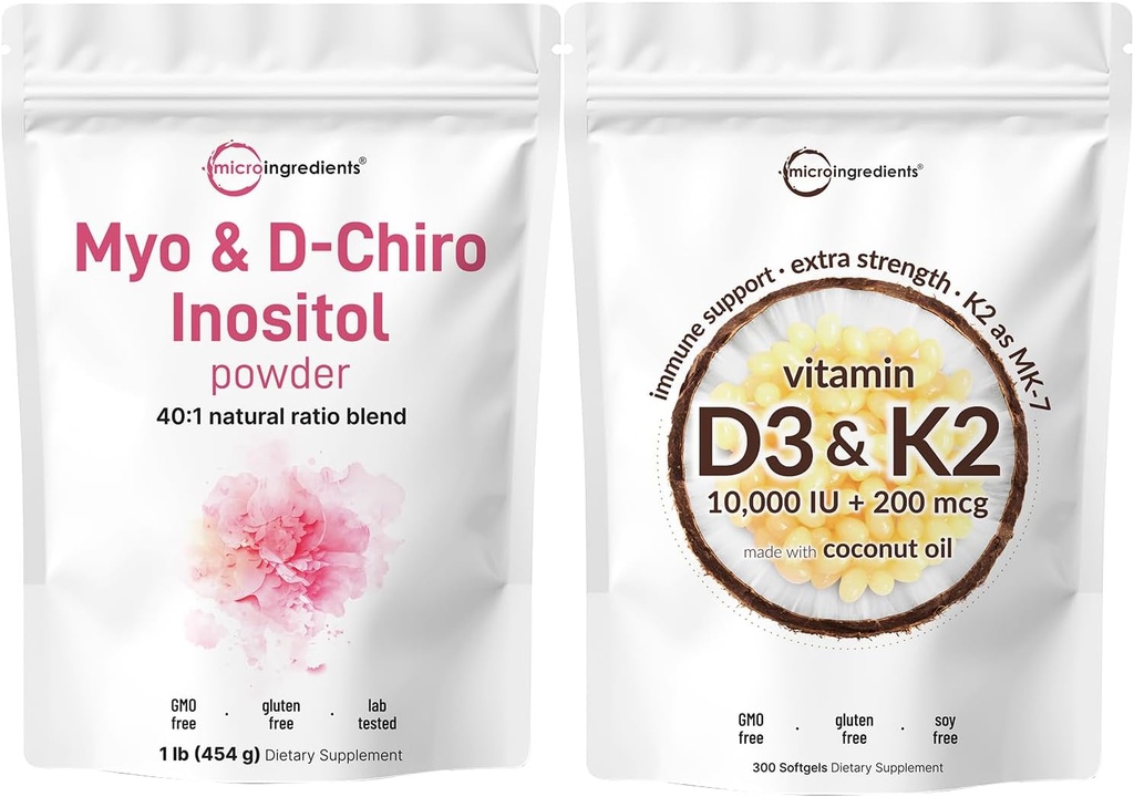 Micro Ingredients Vitamin D3 10,000iu + K2 200mcg Coconut Oil Softgels & Myo & D- Chiro Inositol Powder Bundle 2 Pack Medical 124; Essential Sunshine Vitamin Medical 124; Inositol Supplement for kvinder